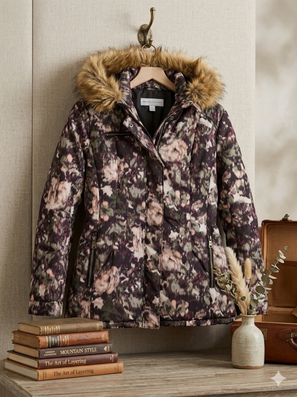 New York & Co. Lightweight Floral Print Parka Jacket with Faux Fur Hood
